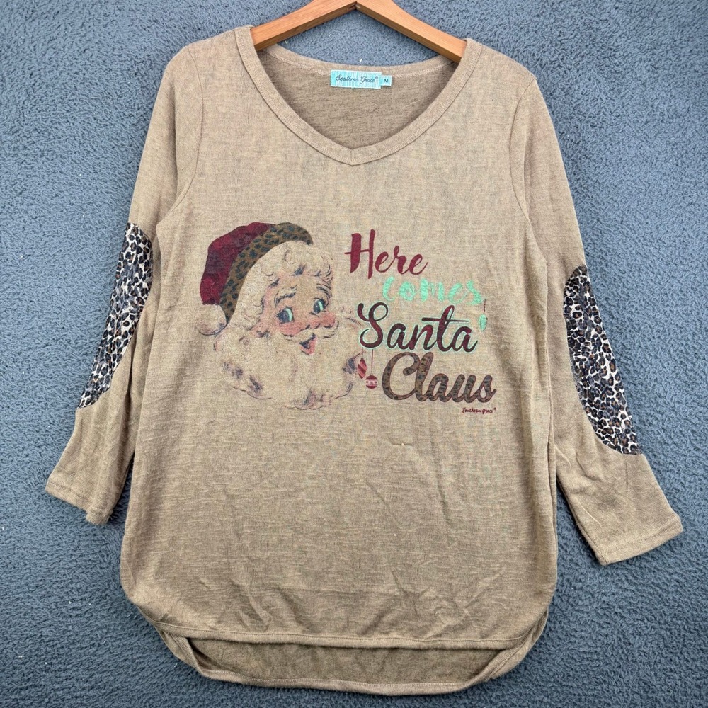 Southern Grace Santa Claus Leopard Elbow Patch Graphic Top Tan Brown Womens M